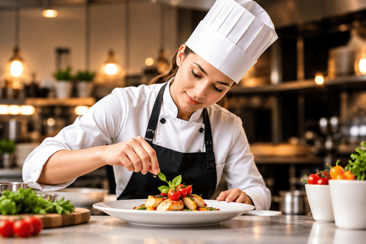 Professional chef preparing a dish in a commercial kitchen