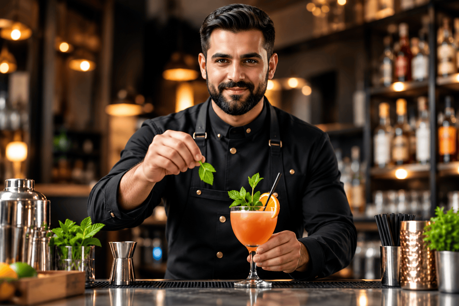 Professional bartender preparing a cocktail in a bar