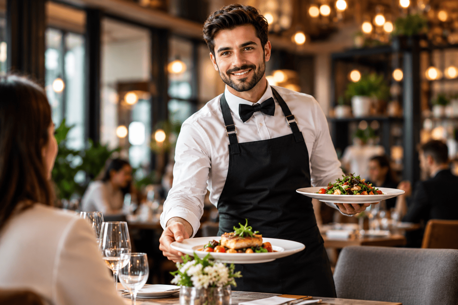 Professional waiter serving food in a restaurant