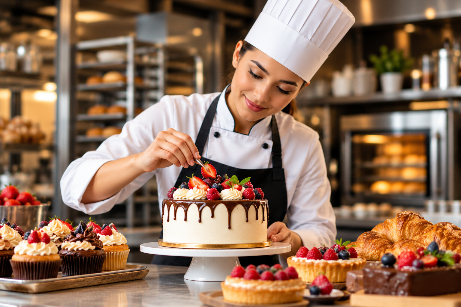 Professional pastry chef preparing desserts in a bakery
