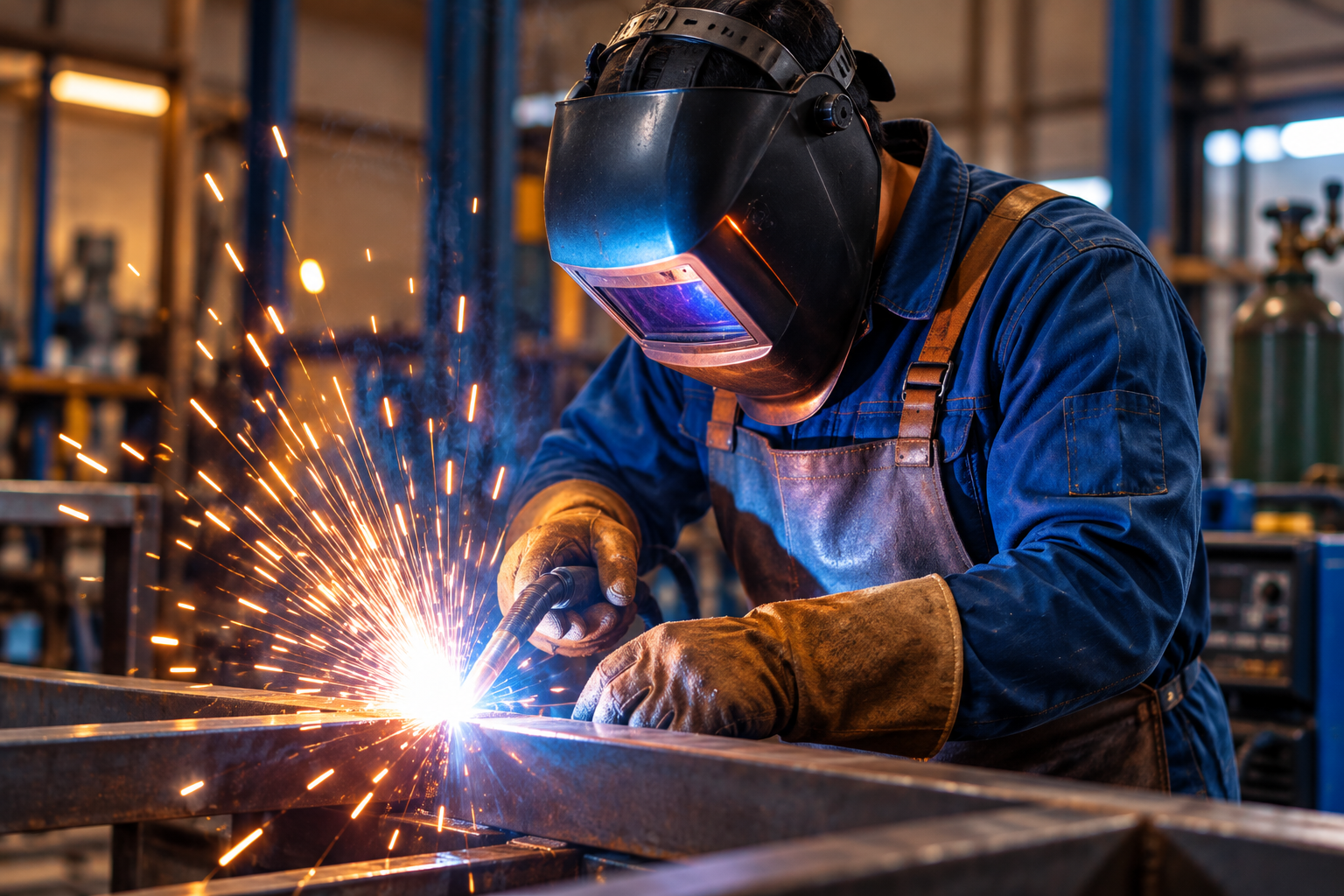 Professional welder working with metal in an industrial workshop