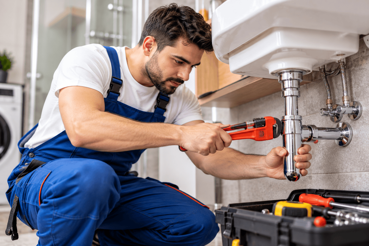Professional plumber installing and repairing pipes under a sink
