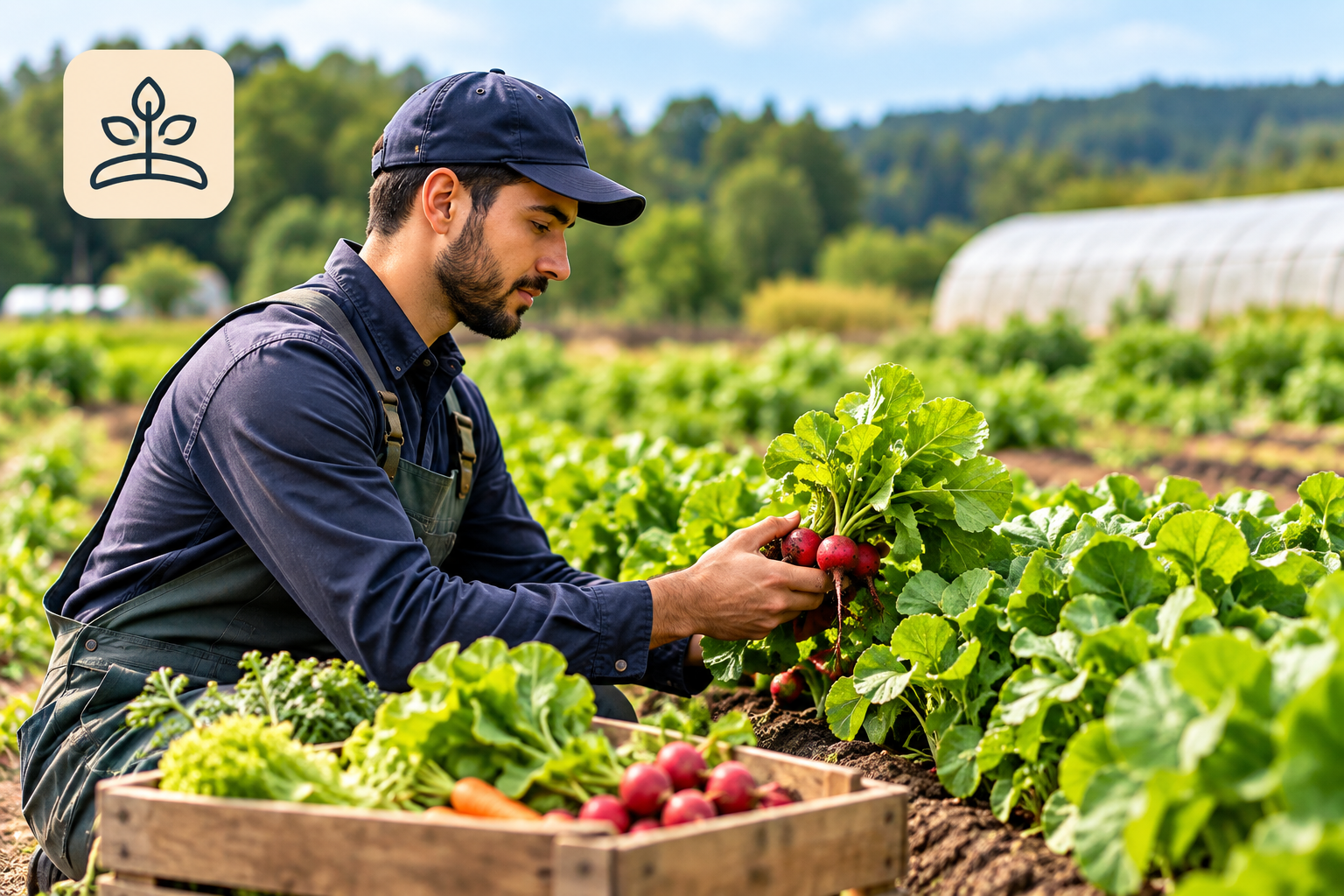 Agriculture and field work vocational training with a farmer inspecting crops