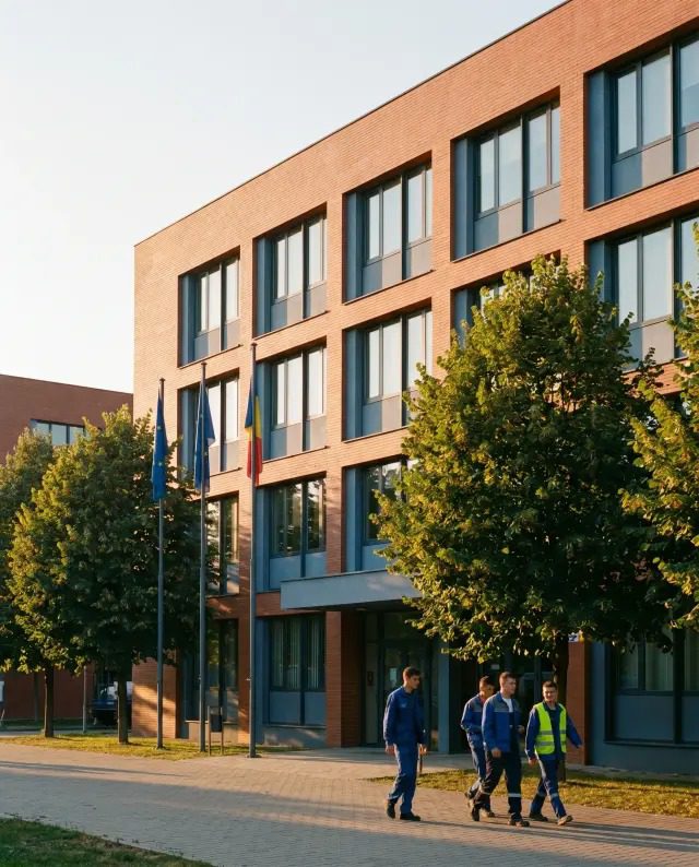 Modern vocational training campus building in Romania with students and Romanian flags