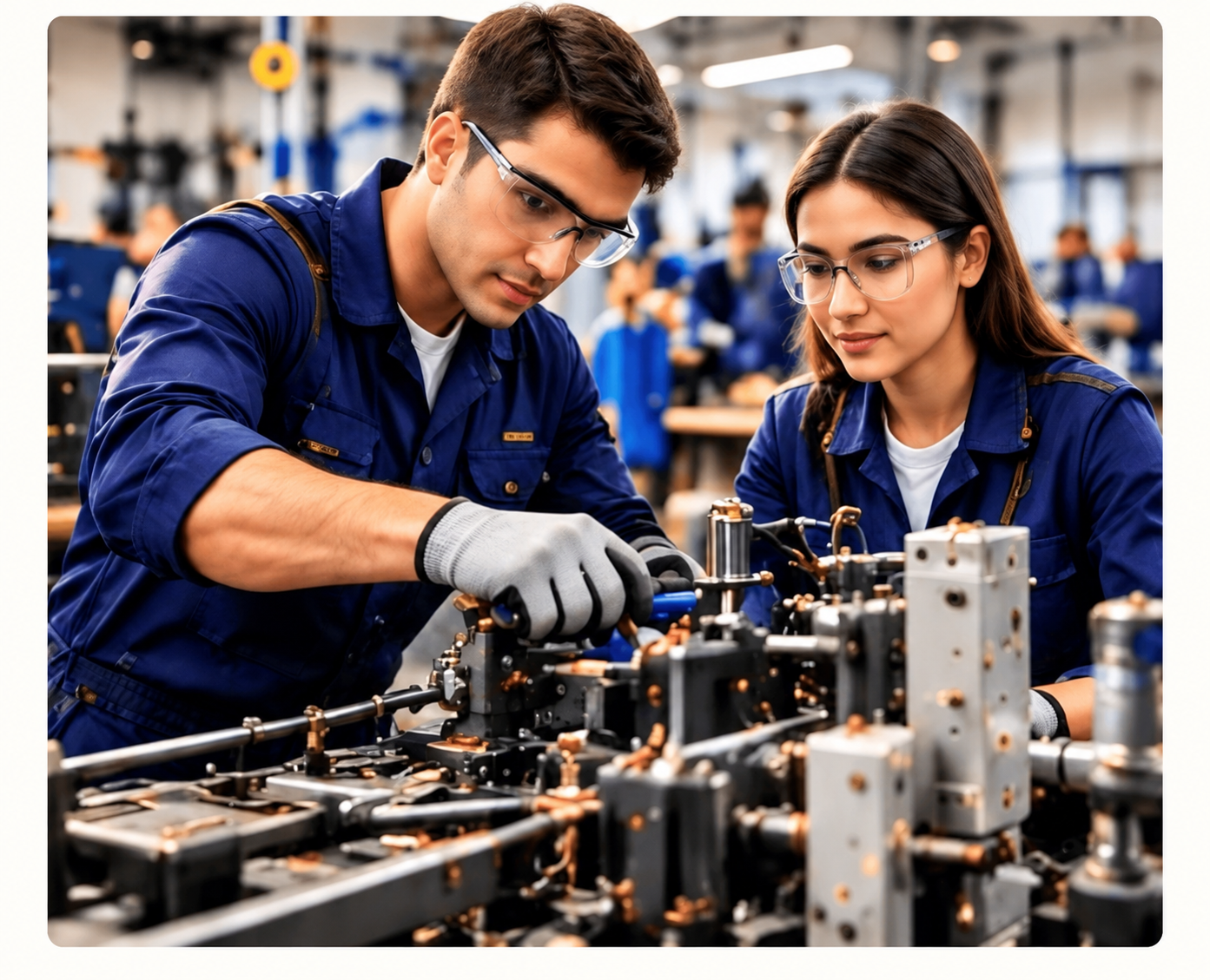 Young engineers learning practical technical skills in an industrial training workshop