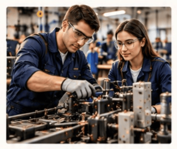 Students learning practical vocational skills in a modern technical training workshop